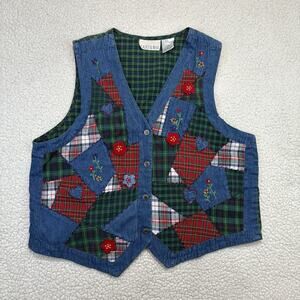Casey & Max Patchwork Vest Womens L Denim Plaid Flowers Embroidered Vintage